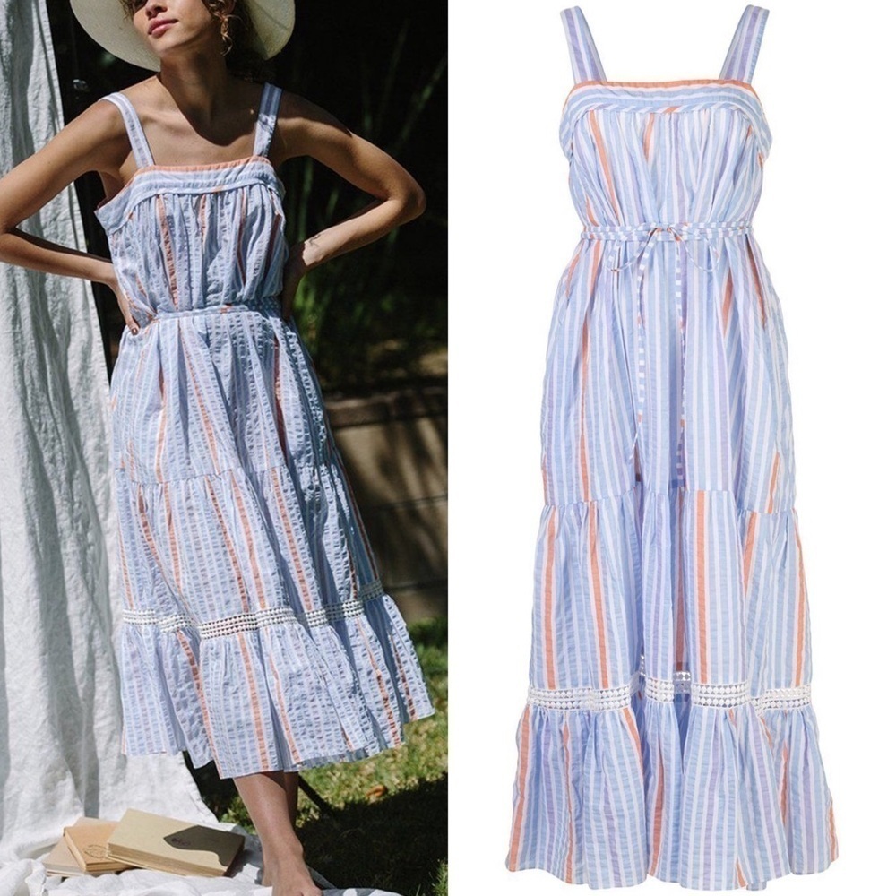 Lemlem NWT Bahiri Sweepy Striped Tiered Midi Dress Sky Blue - Medium